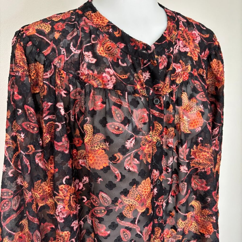 Ophelia Roe Top XL Black Orange Floral Textured 3/4 Sleeve Sheer Blouse‎ Women's - Picture 2 of 11